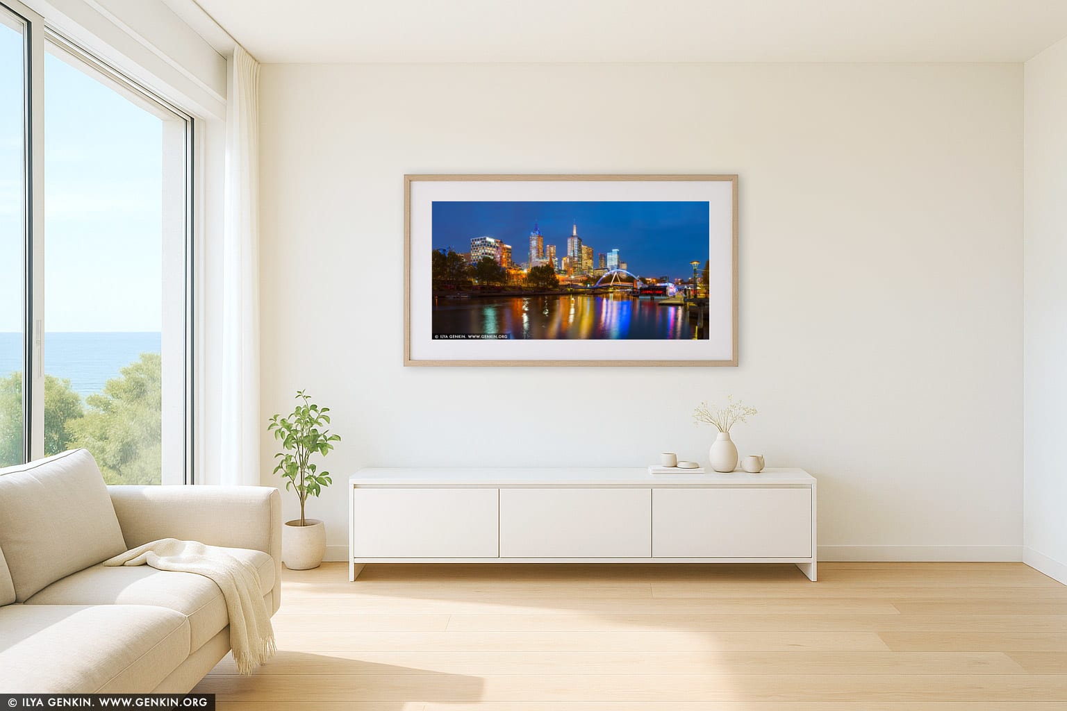 Melbourne, Rainbow Pedestrian Bridge and Flinders Street Station at Night wall art in a contemporary living room interior