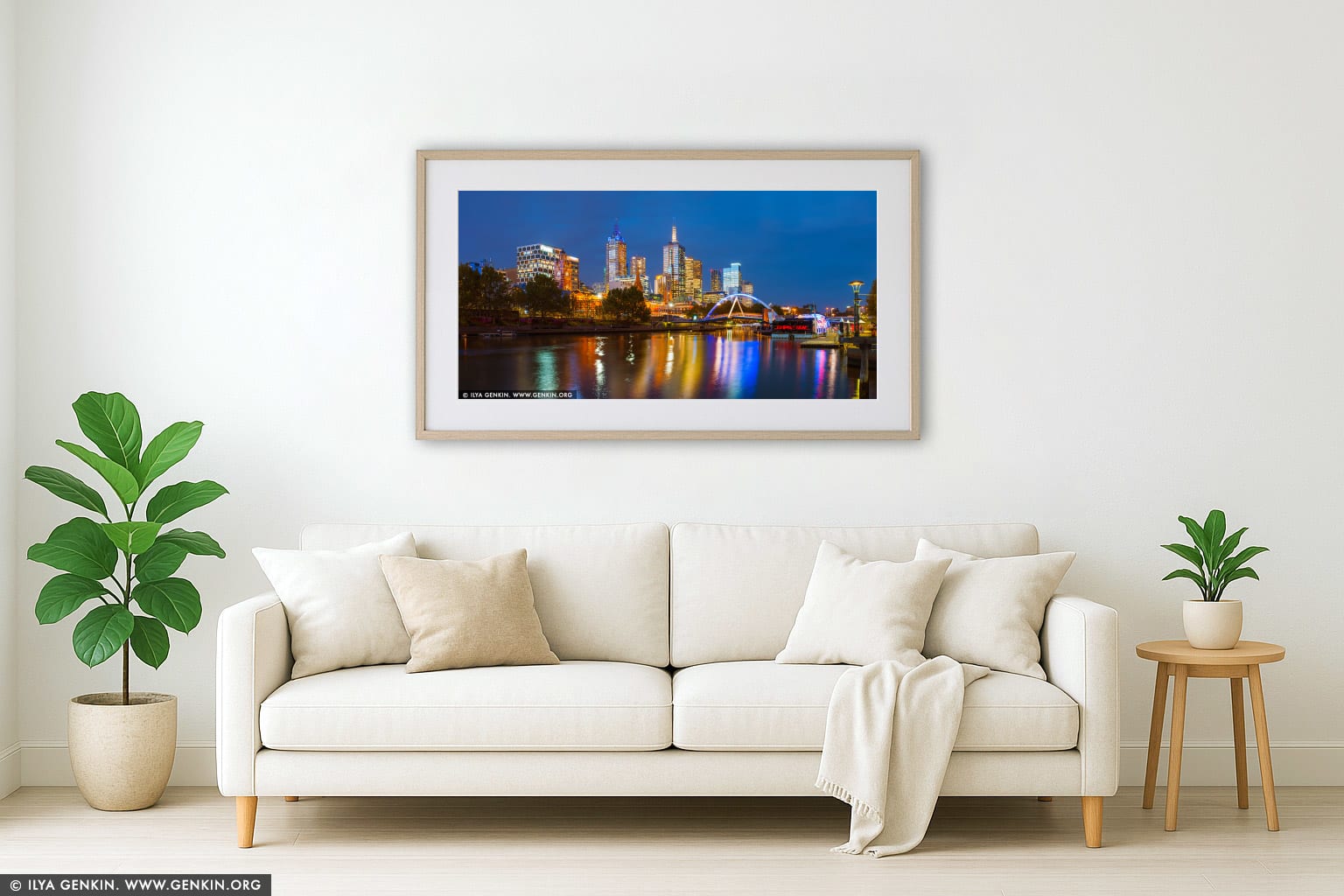Melbourne, Rainbow Pedestrian Bridge and Flinders Street Station at Night wall art in a modern living room interior