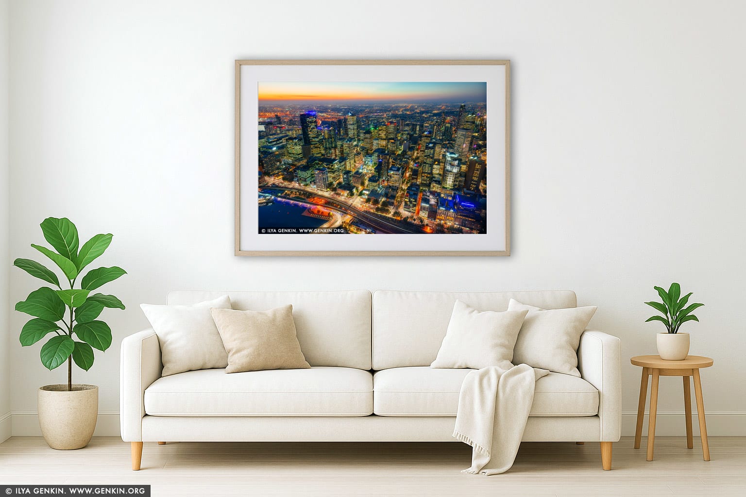 Melbourne City at Night from Eureka Tower wall art in a luxury living room interior