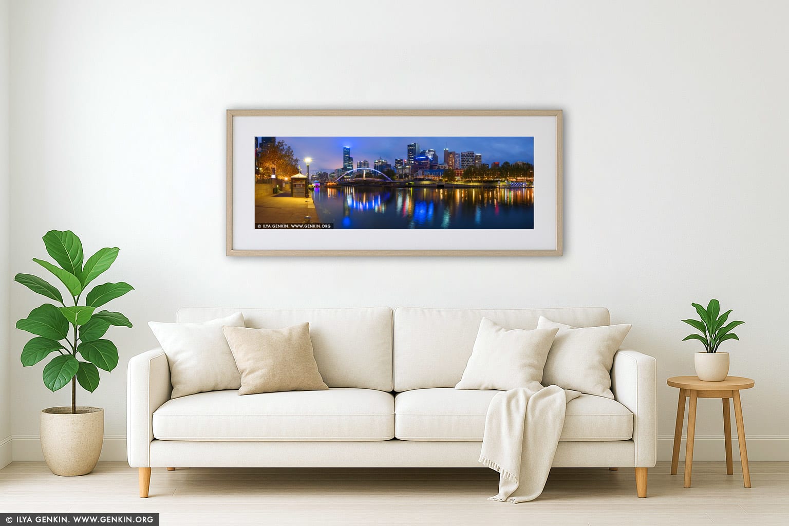 Melbourne CBD, Yarra Footbridge and Flinders Street Station at Night wall art in a modern living room interior