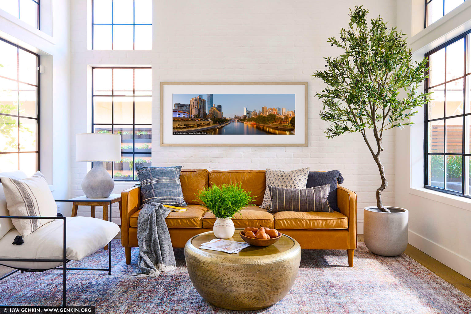 Melbourne, Southbank and Yarra River after Sunrise wall art in a minimalist living room interior