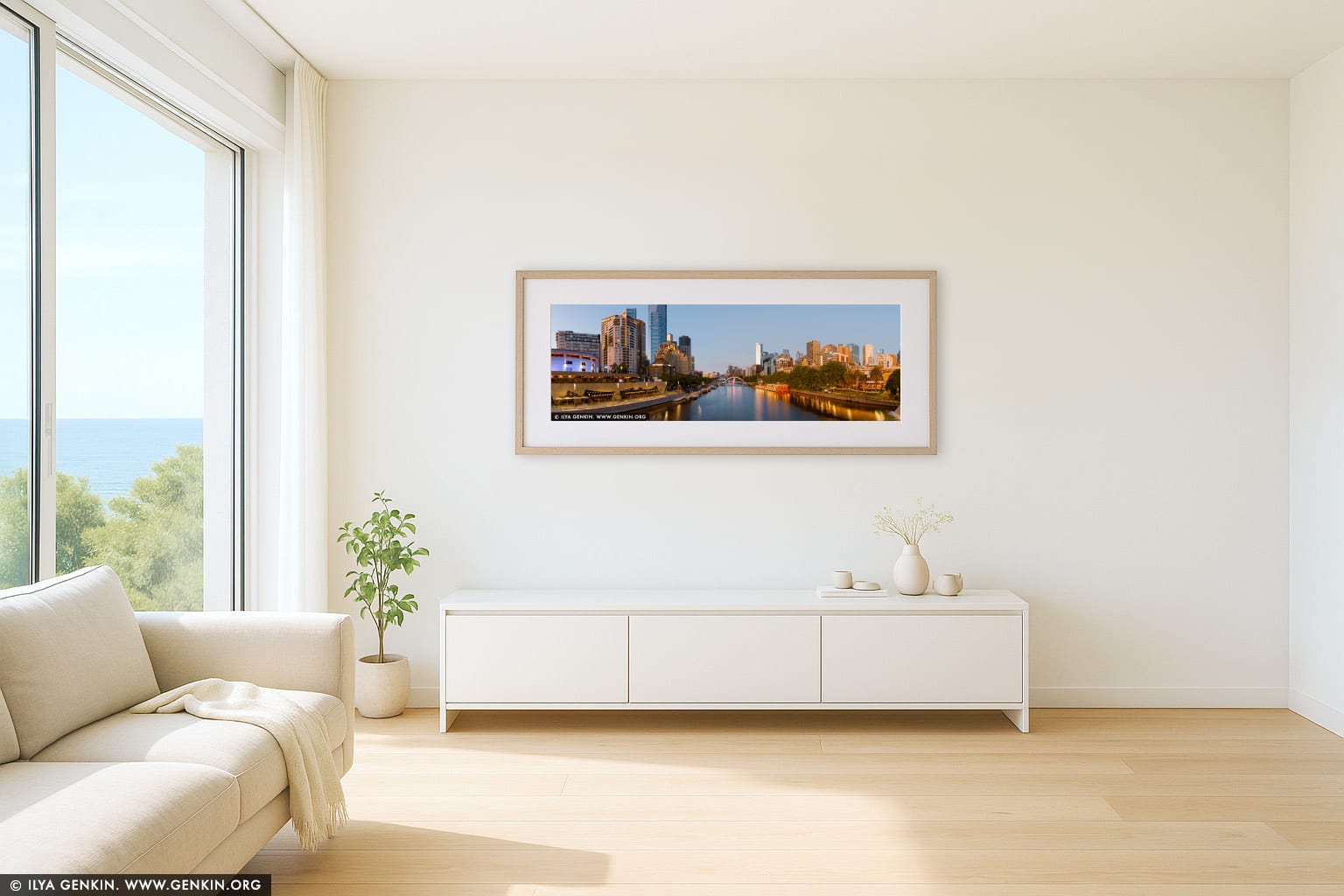 Melbourne, Southbank and Yarra River after Sunrise wall art in a minimalist living room interior