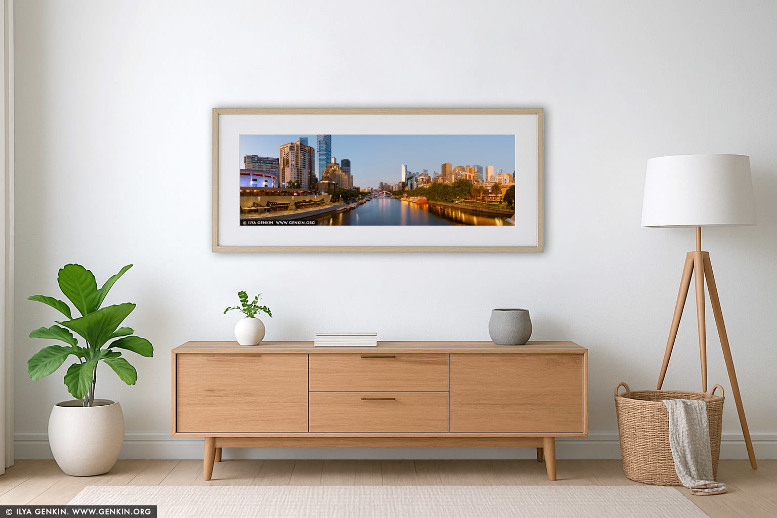 Melbourne, Southbank and Yarra River after Sunrise wall art in a luxury living room interior