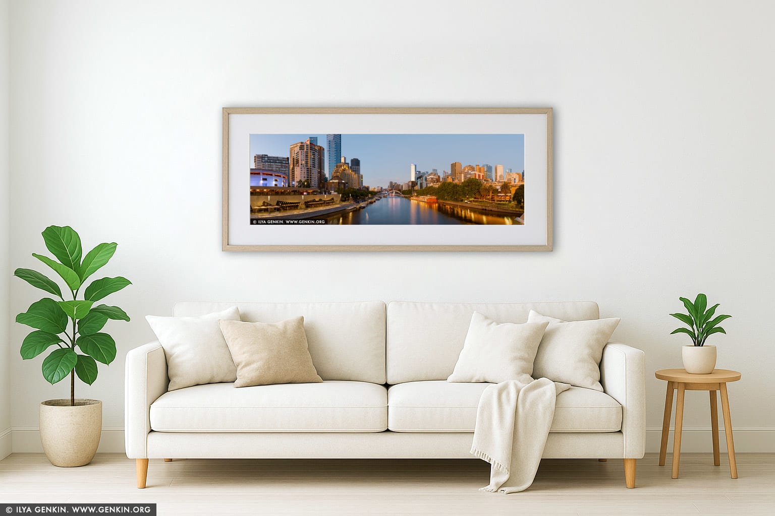Melbourne, Southbank and Yarra River after Sunrise wall art in a contemporary living room interior