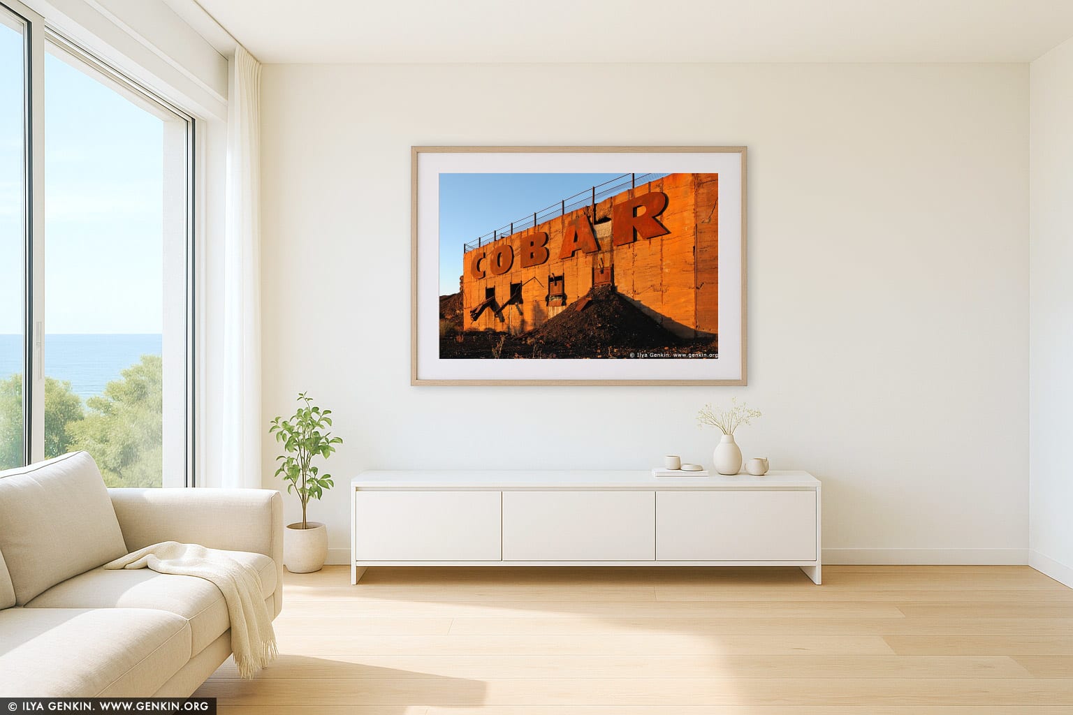 The Sign That Greets Travellers to Cobar wall art in a contemporary living room interior