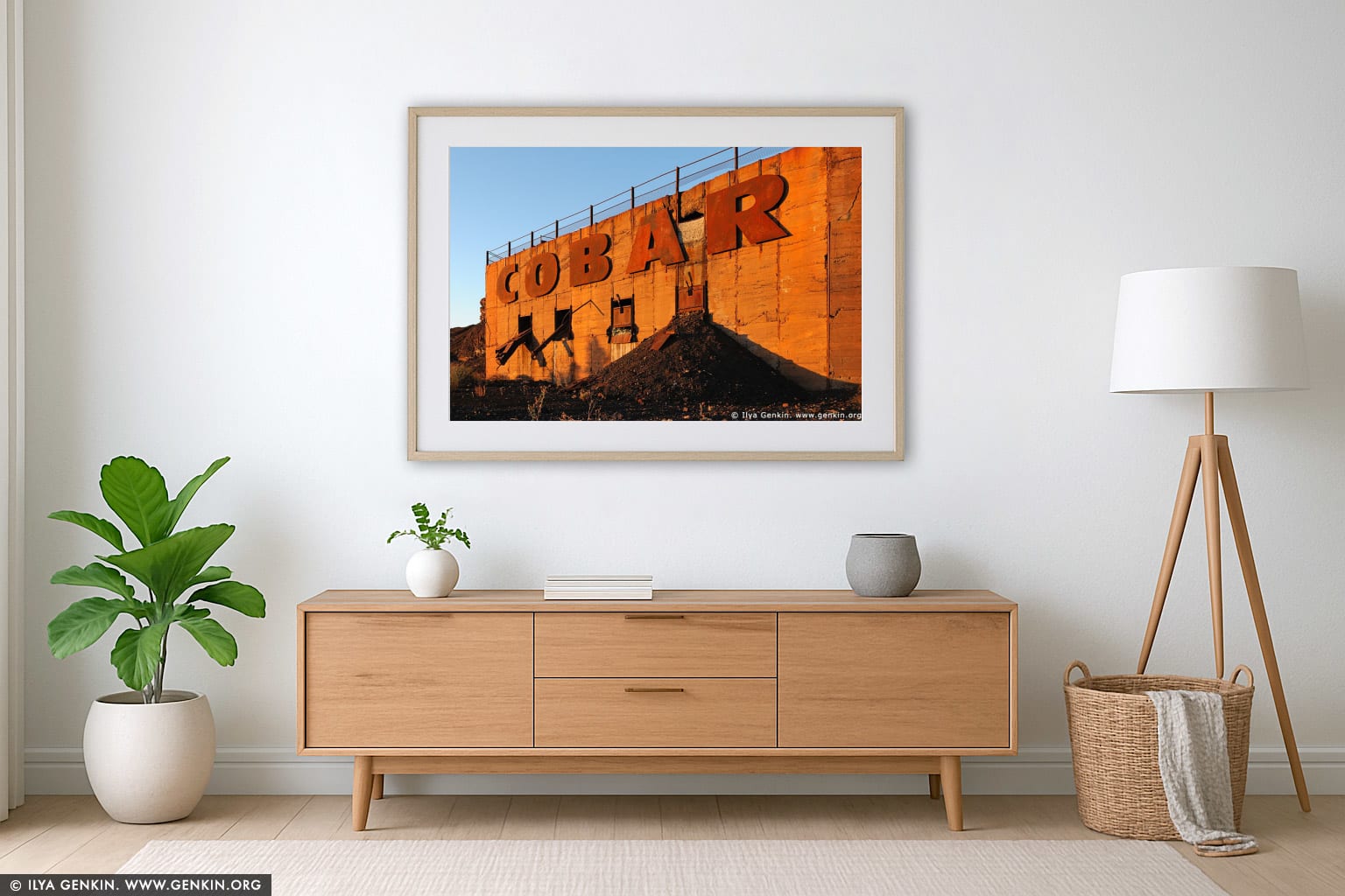 The Sign That Greets Travellers to Cobar wall art in a minimalist living room interior