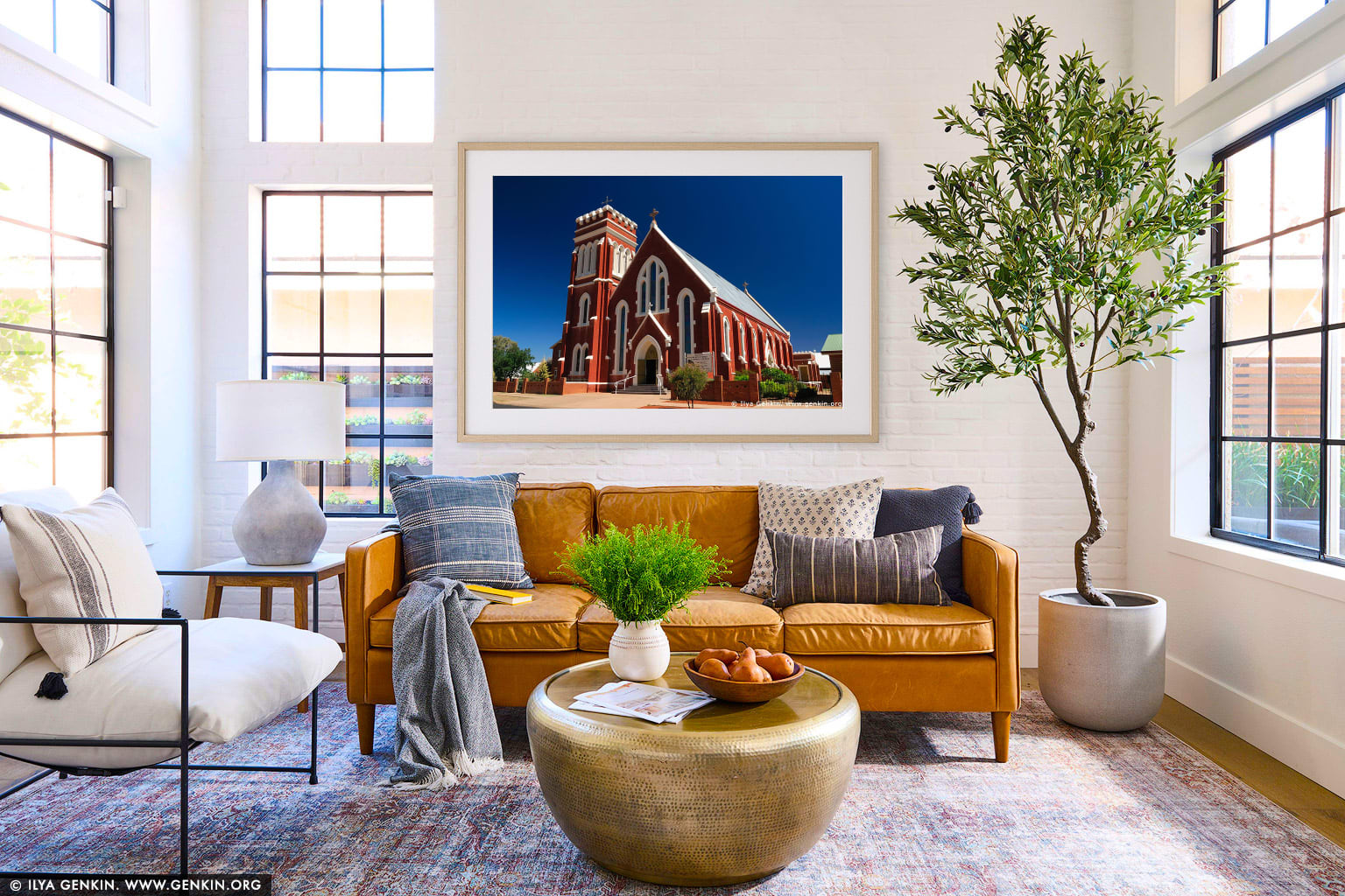 St Lawrence O'Toole Catholic Church wall art in a minimalist living room interior