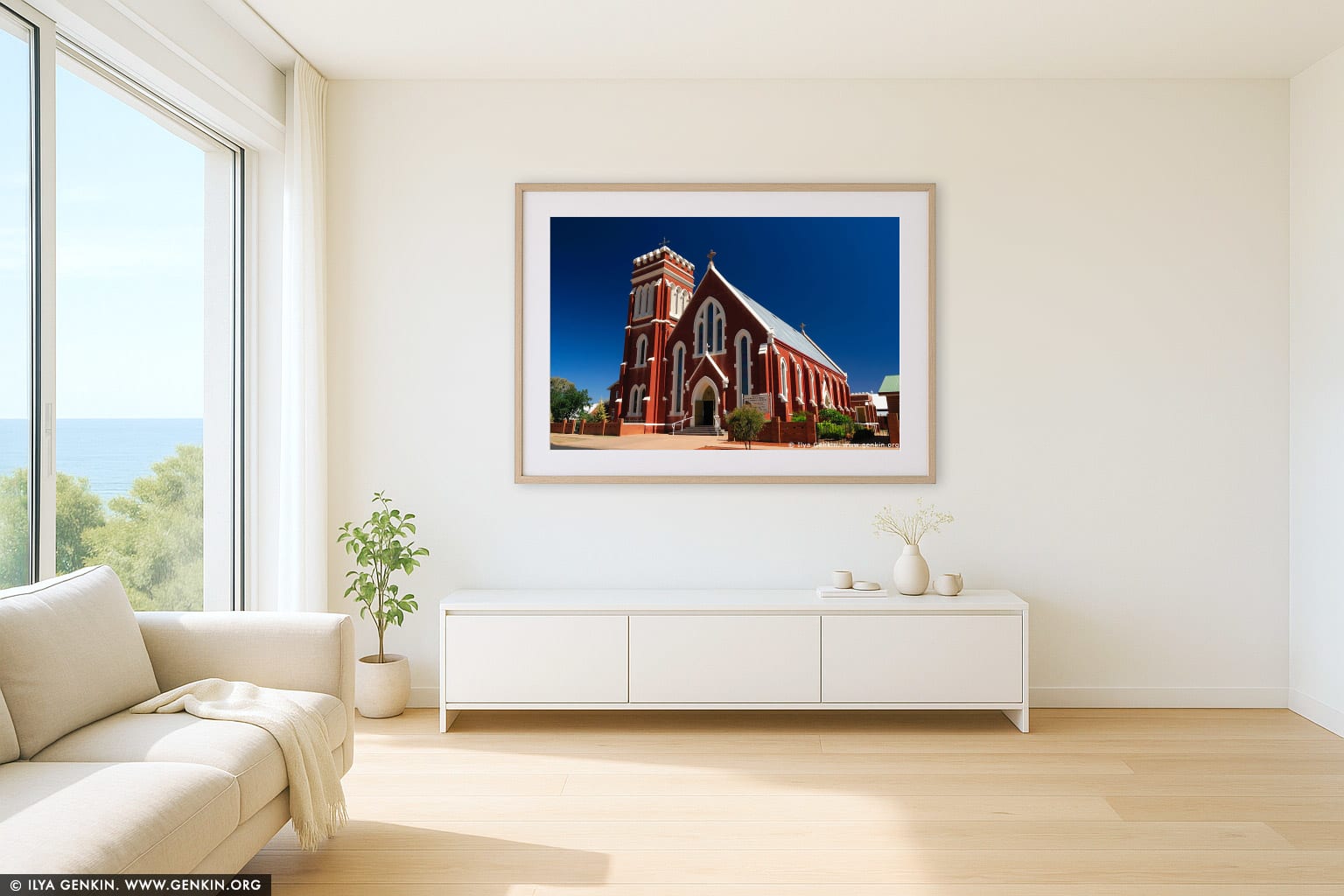 St Lawrence O'Toole Catholic Church wall art in a minimalist living room interior