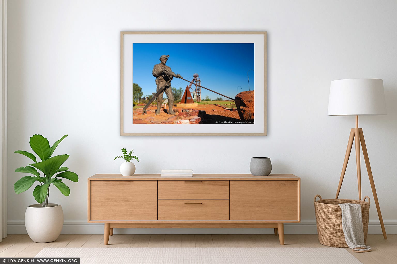 Statue of a Miner in the Miners Heritage Park wall art in a contemporary living room interior