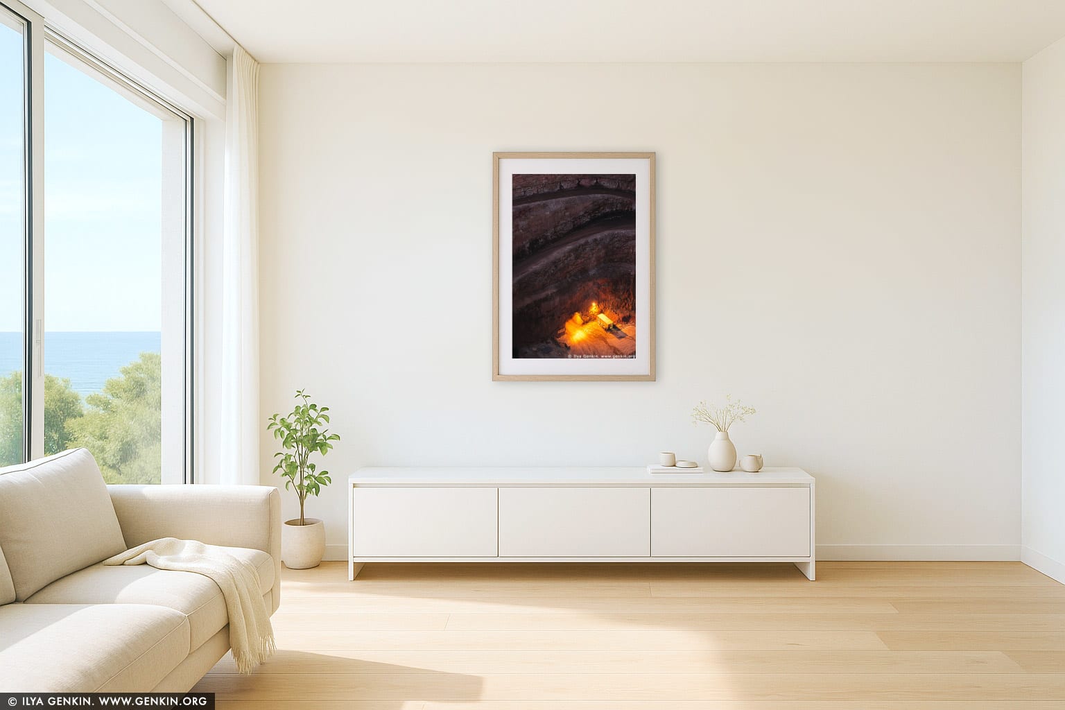 The New Cobar Gold Mine at Night wall art in a minimalist living room interior