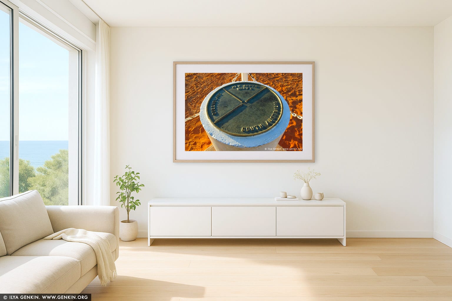 Three States Pole at Cameron Corner wall art in a minimalist living room interior