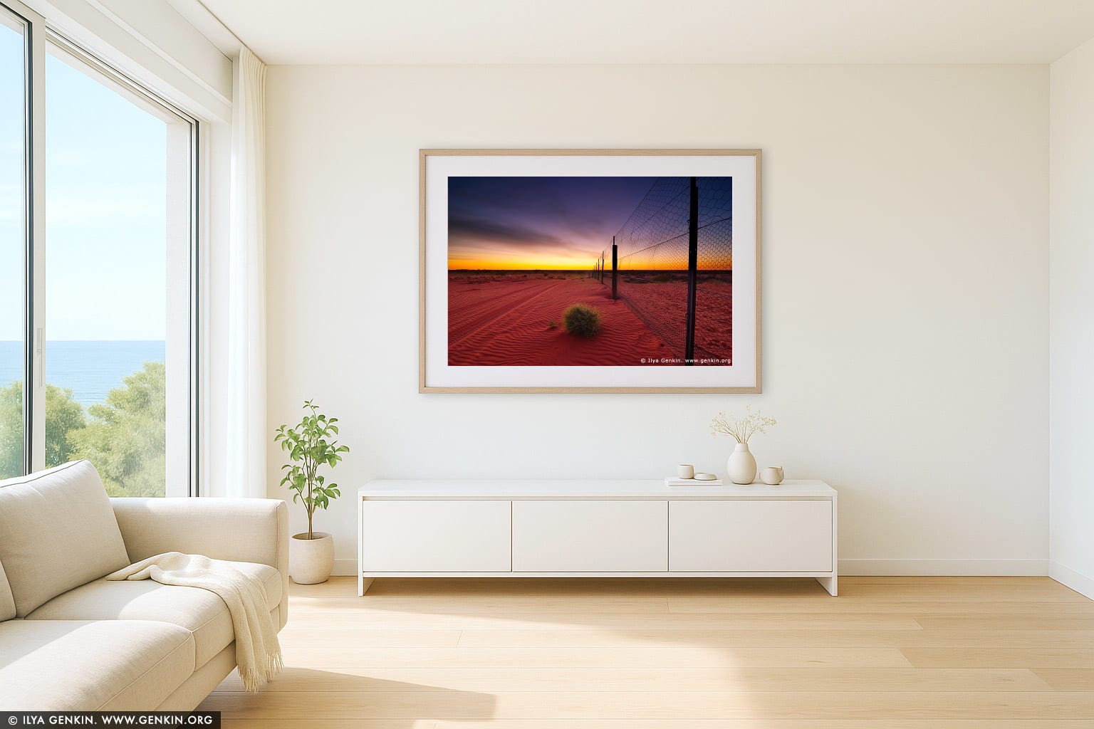 Dingo Fence near Cameron Corner at Sunrise wall art in a luxury living room interior