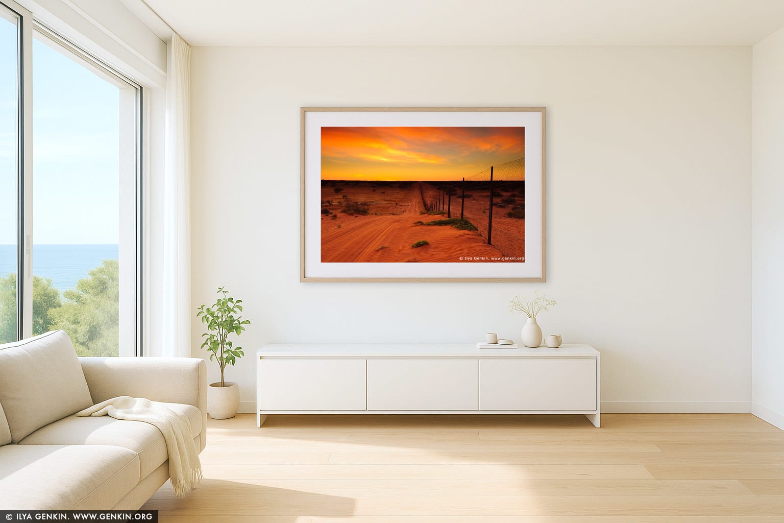 Dingo Fence near Cameron Corner at Sunrise wall art in a contemporary living room interior