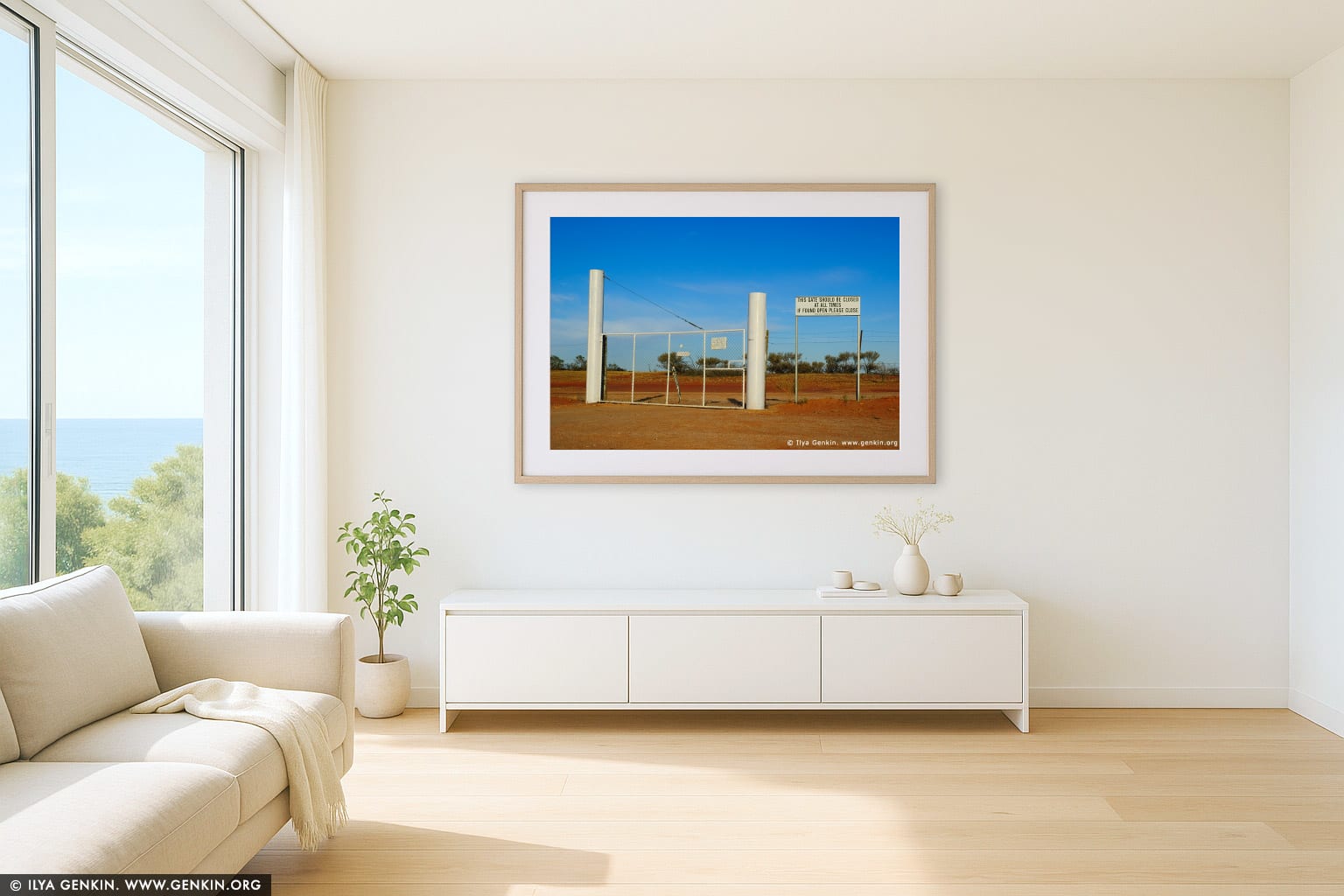 Gate at Dingo Fence near Cameron Corner wall art in a minimalist living room interior