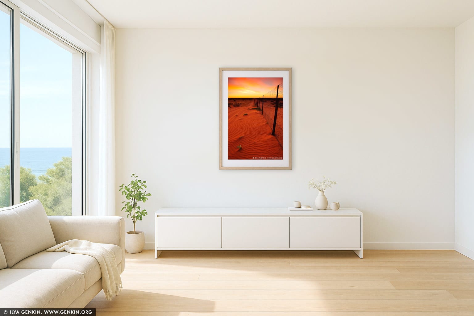 Dingo Fence near Cameron Corner at Sunrise wall art in a modern living room interior