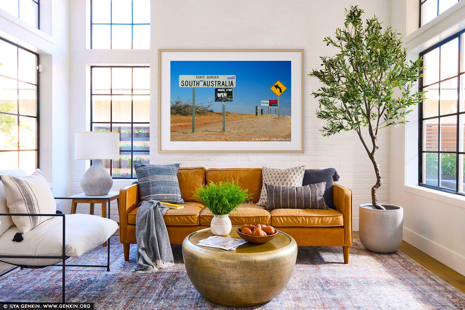 Road Signs at Cameron Corner wall art in a contemporary living room interior