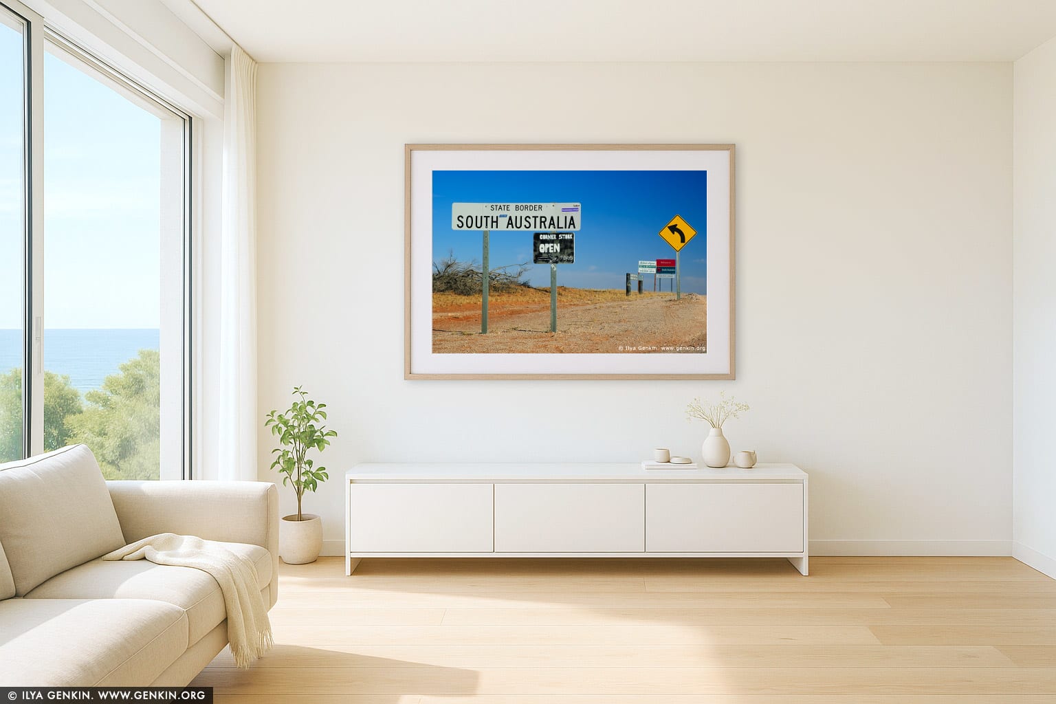 Road Signs at Cameron Corner wall art in a contemporary living room interior