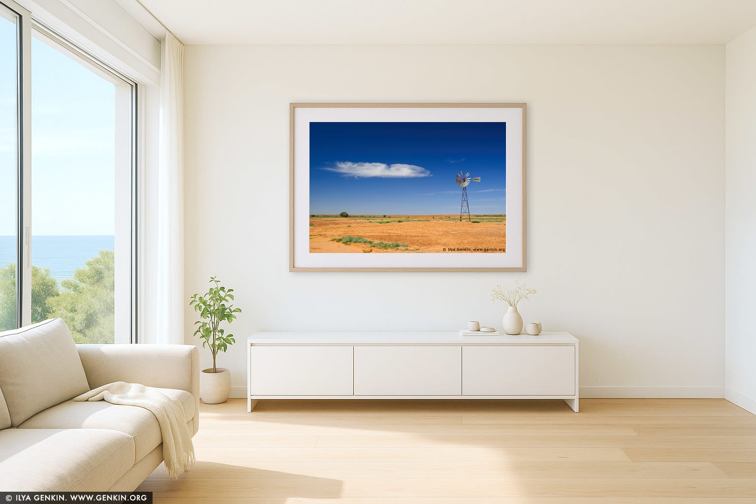 Old Wind Mill wall art in a minimalist living room interior