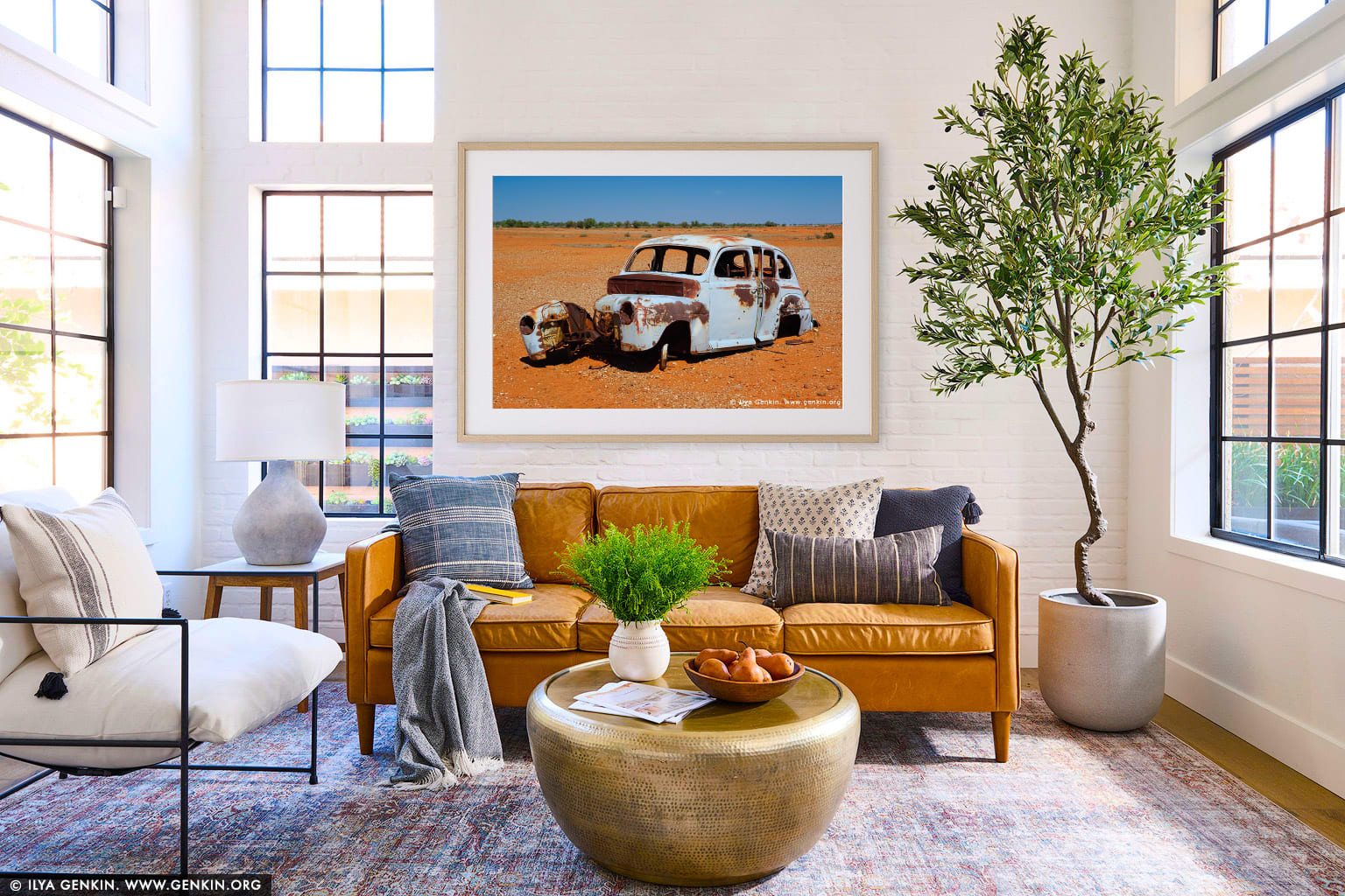Old and Rusty Car on a Road to Tibooburra wall art in a contemporary living room interior