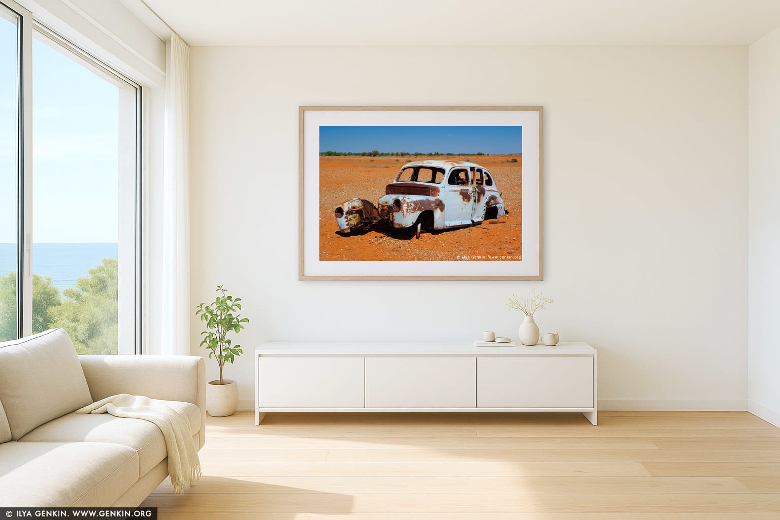 Old and Rusty Car on a Road to Tibooburra wall art in a contemporary living room interior