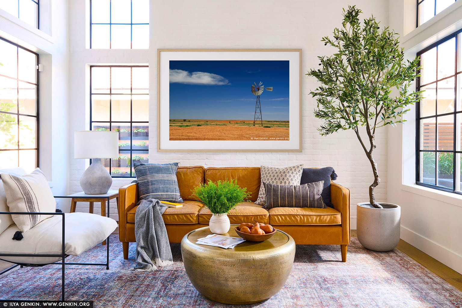Old Wind Mill wall art in a contemporary living room interior