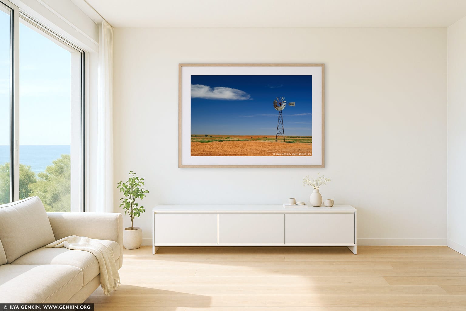 Old Wind Mill wall art in a contemporary living room interior