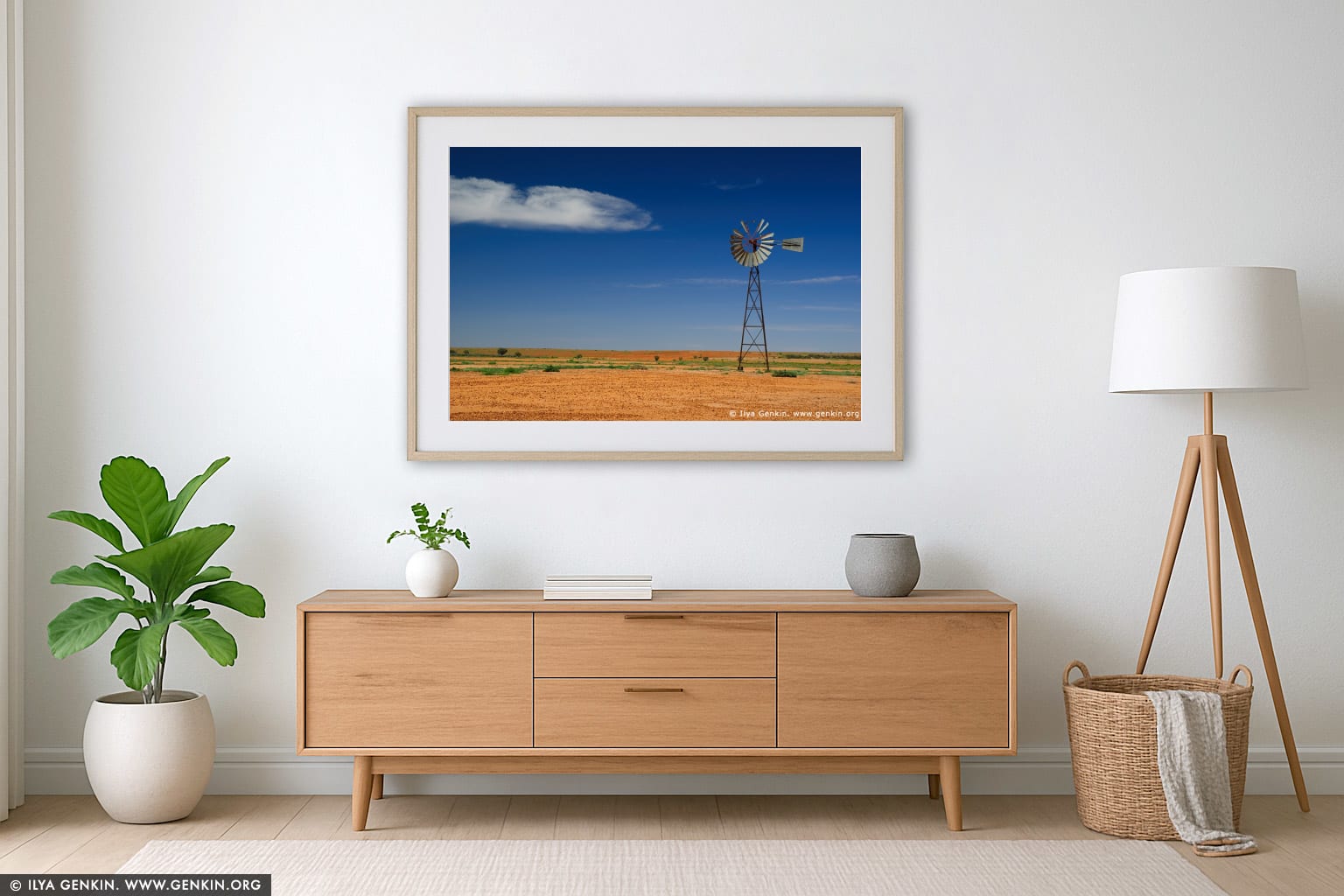 Old Wind Mill wall art in a minimalist living room interior