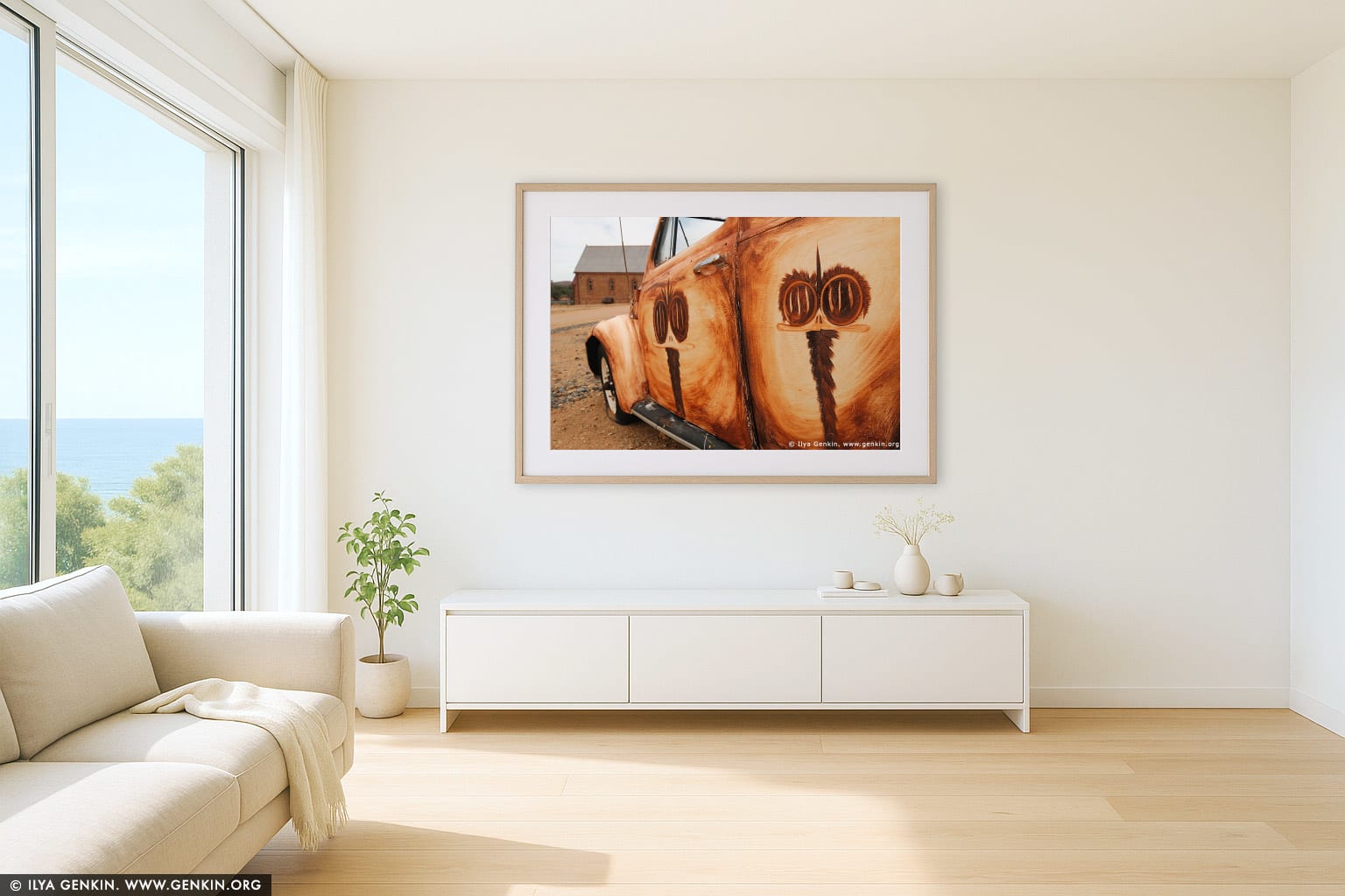 Emu Painted VW in front of Peter Browne Gallery wall art in a luxury living room interior