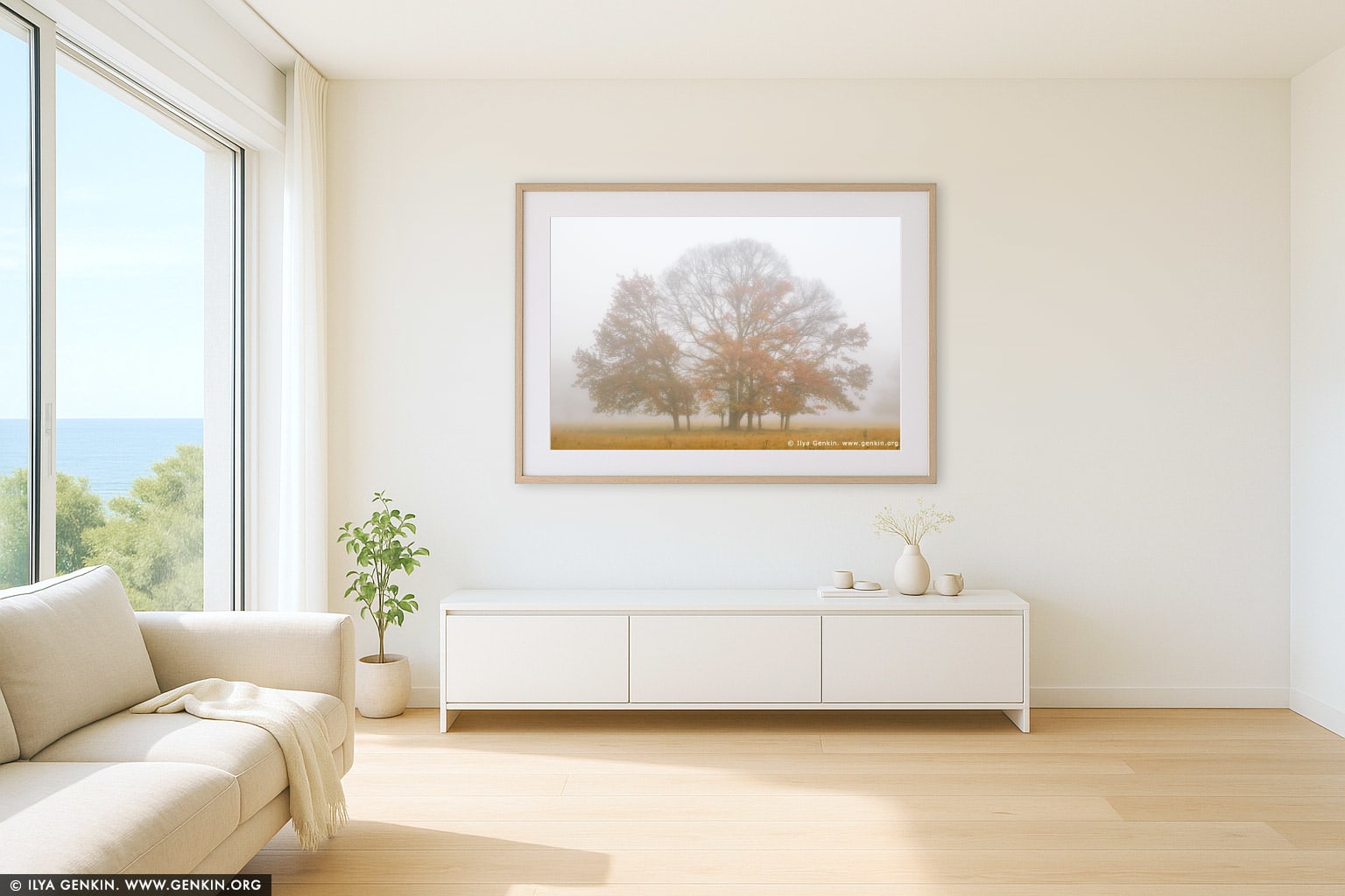 Trees in Mist wall art in a minimalist living room interior