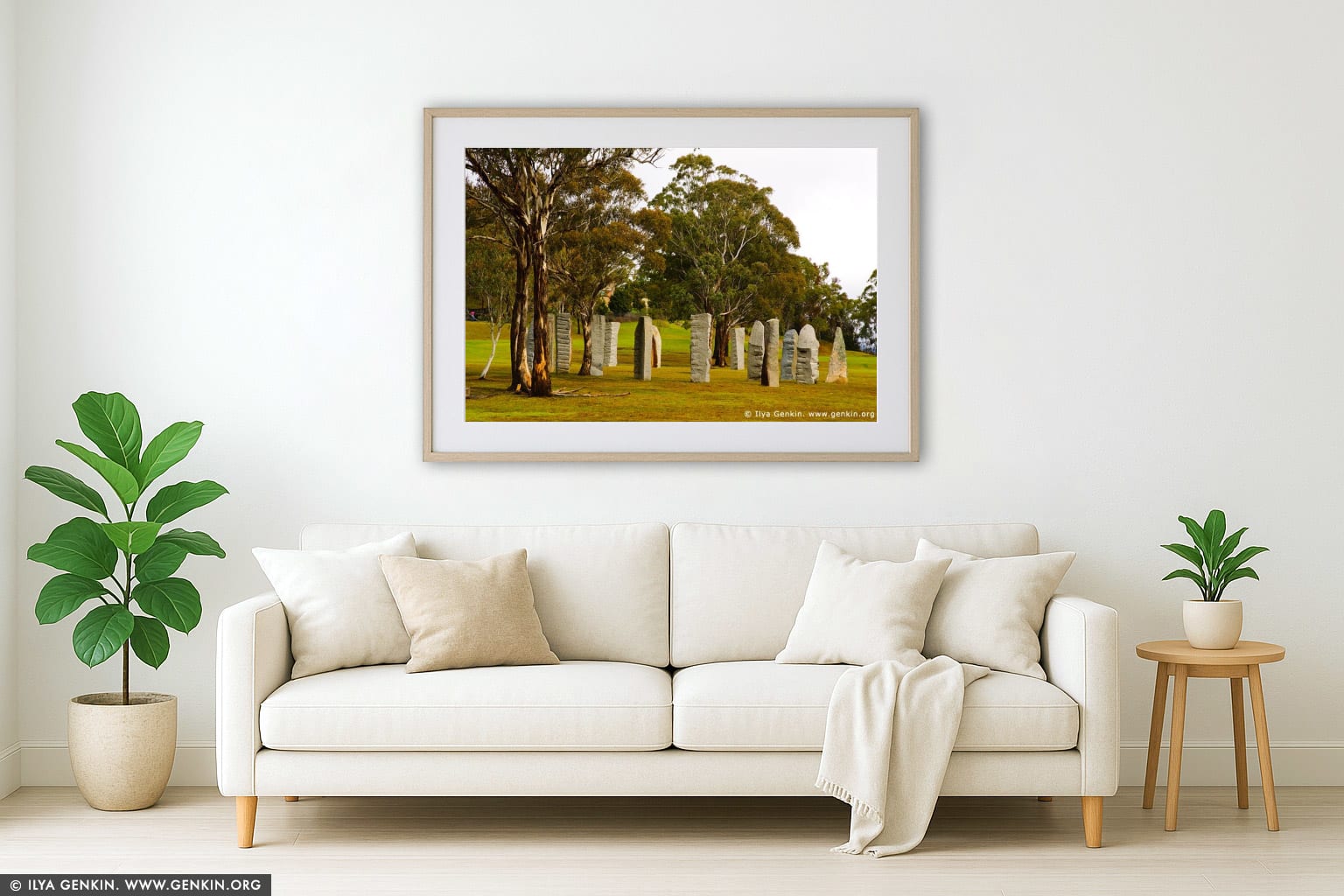The Australian Standing Stones wall art in a minimalist living room interior