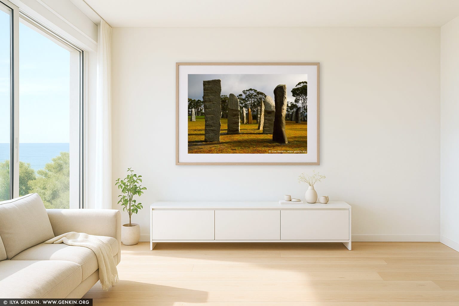 The Australian Standing Stones wall art in a contemporary living room interior