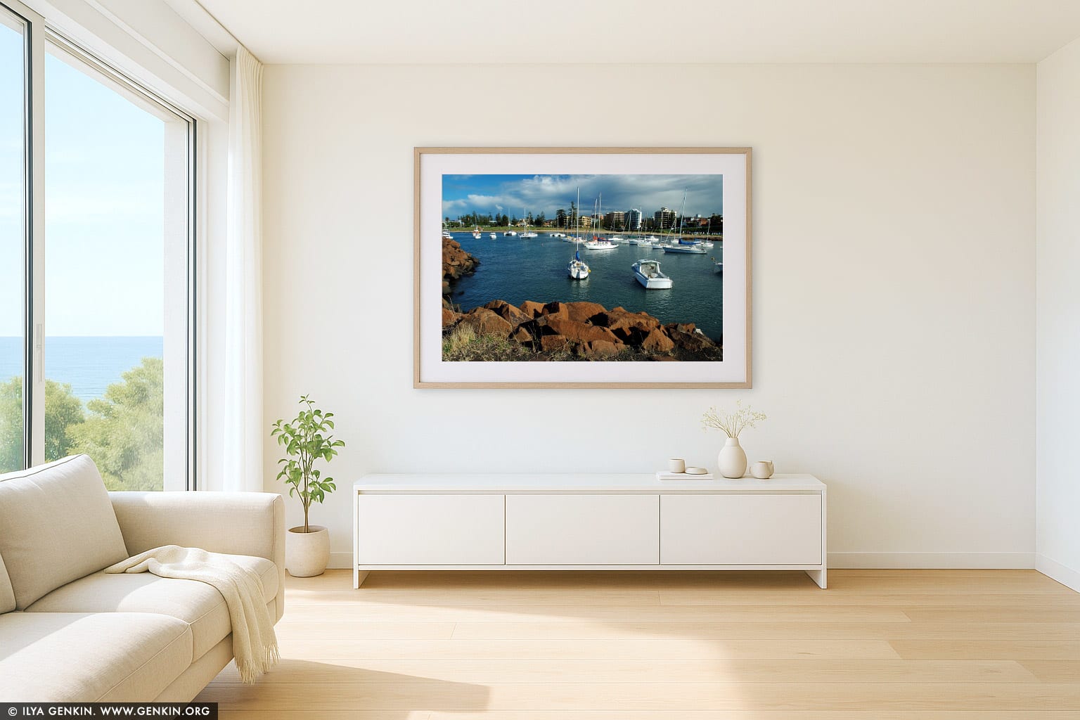 Wollongong City wall art in a minimalist living room interior
