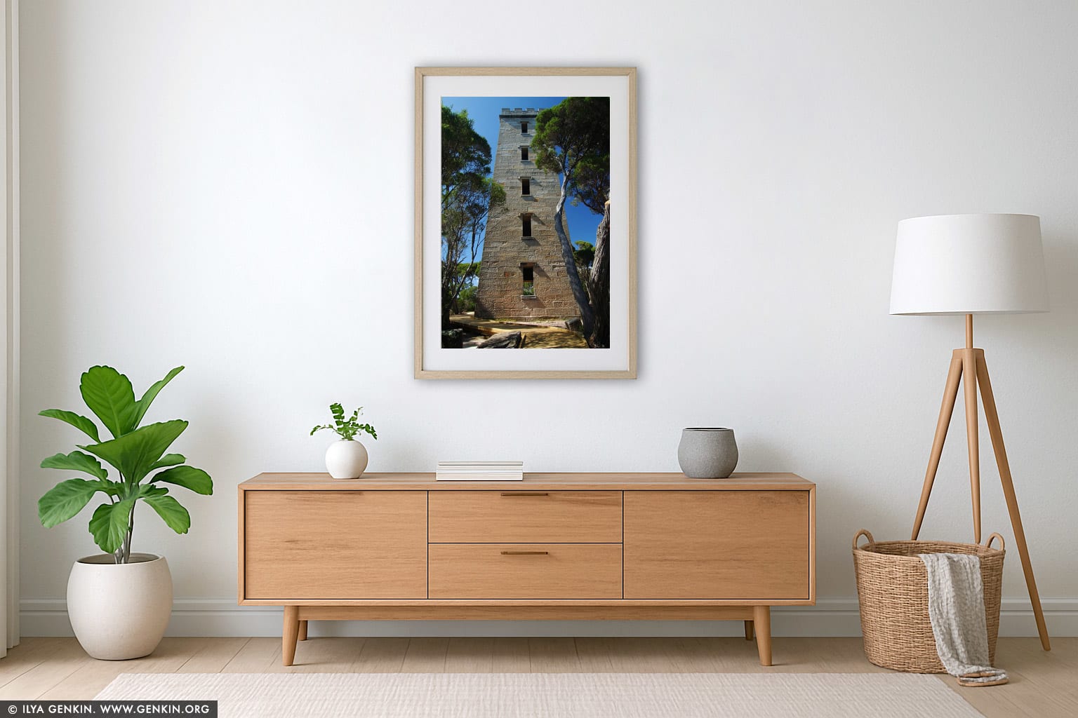 The Boyd's Tower wall art in a minimalist living room interior