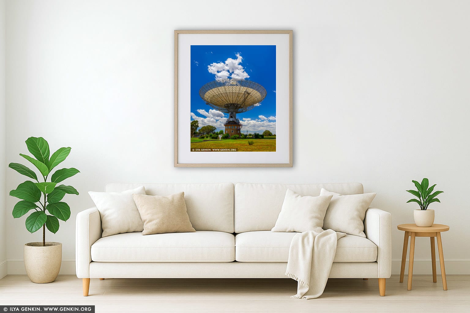 'The Dish' - Radio Telescope wall art in a minimalist living room interior