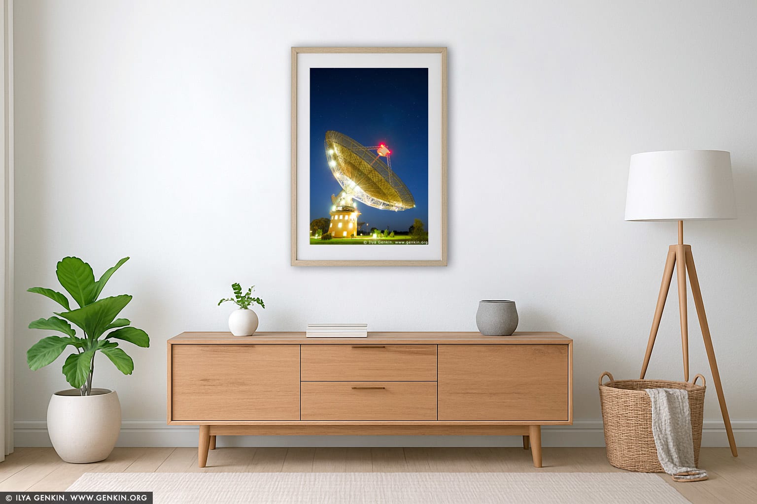 Radio Antenna Dish at Night wall art in a modern living room interior