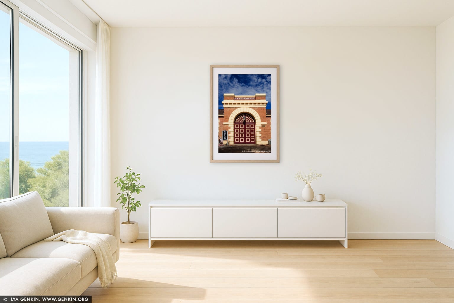 Old Wentworth Gaol wall art in a minimalist living room interior