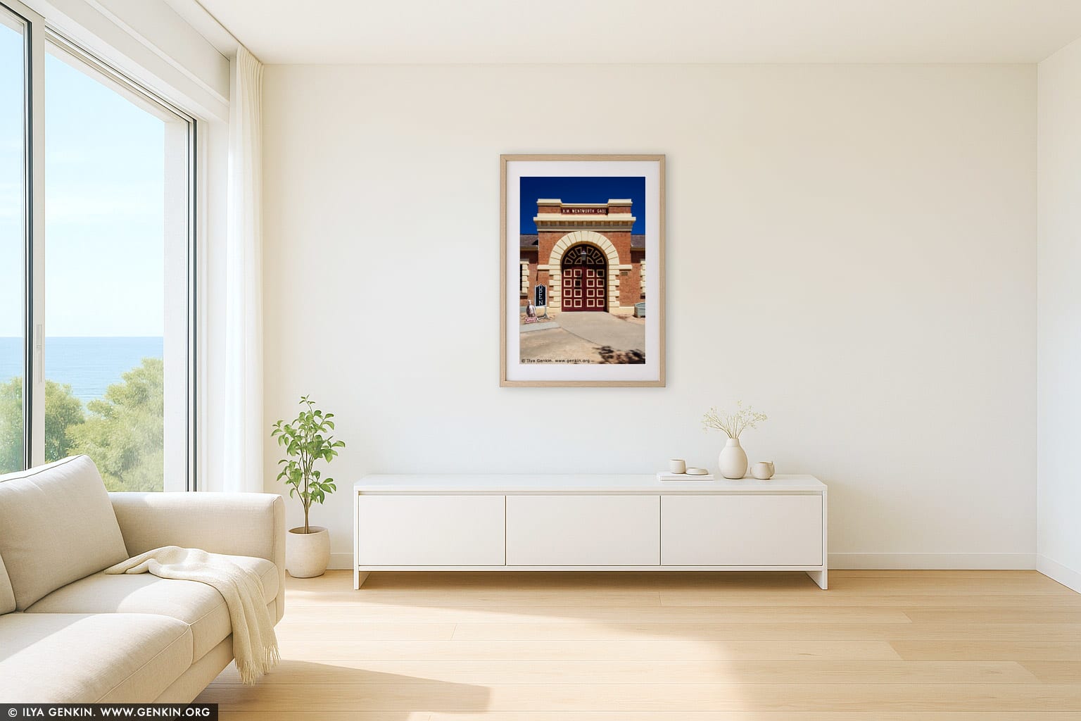 Old Wentworth Gaol wall art in a minimalist living room interior