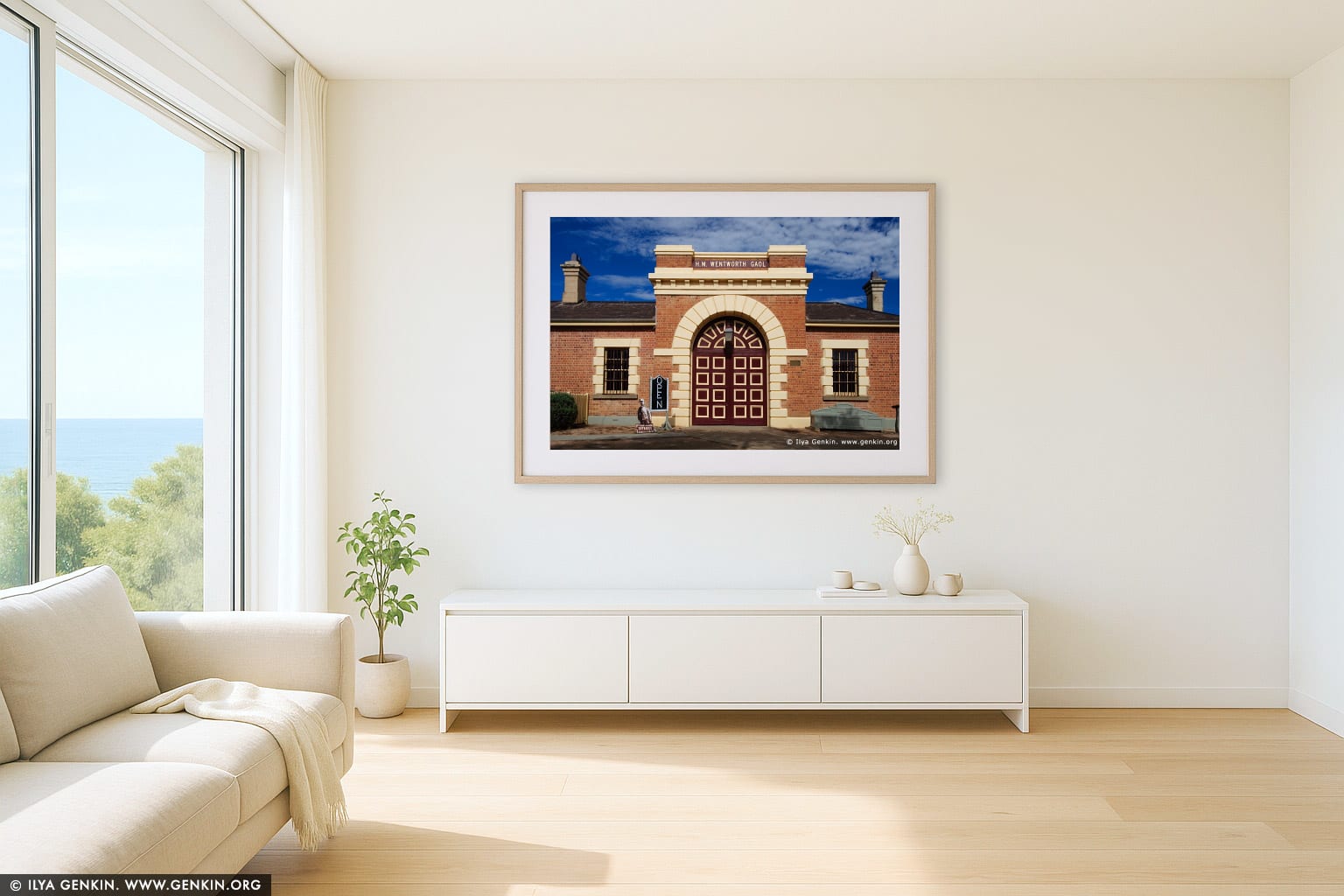 Old Wentworth Gaol wall art in a modern living room interior