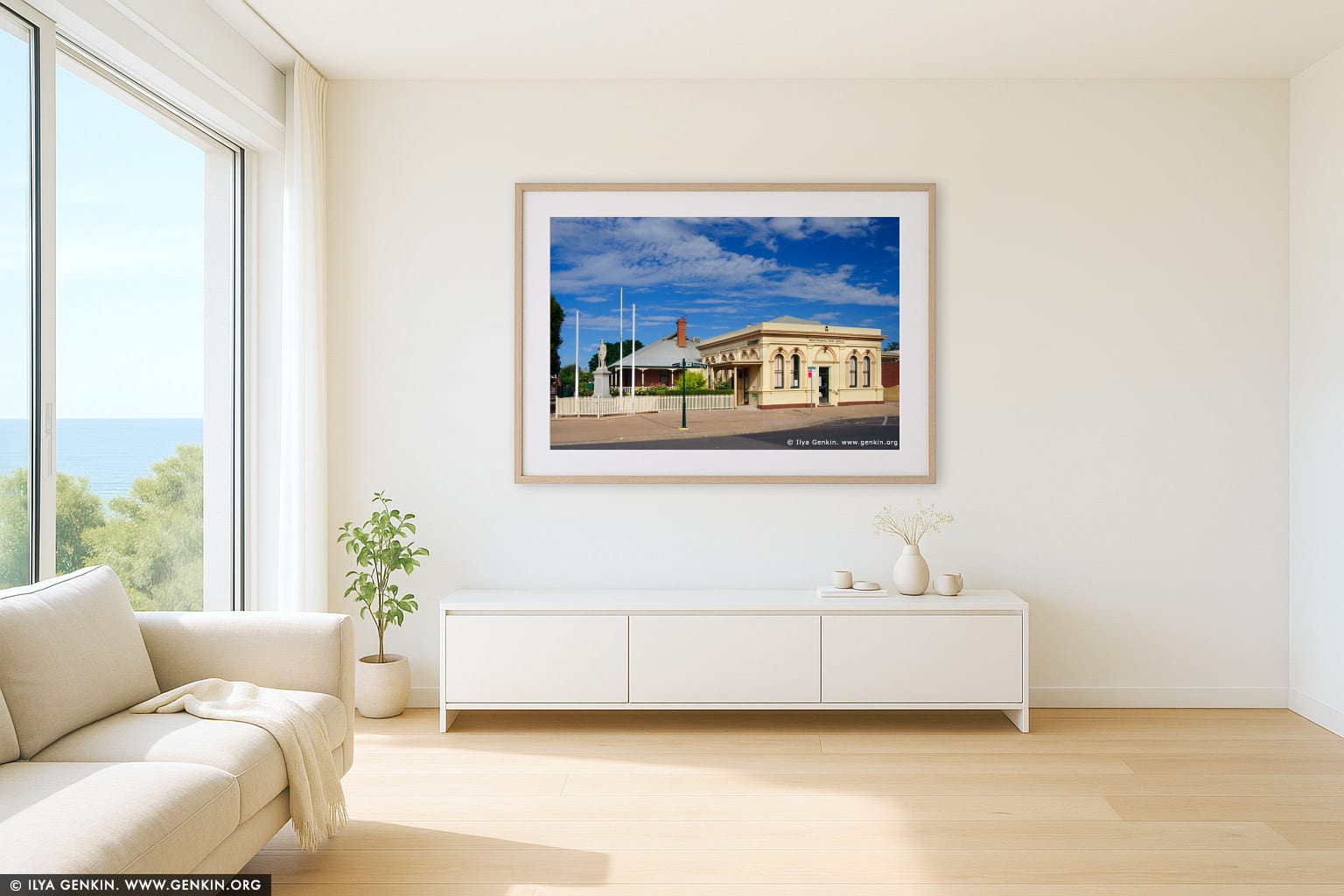 Wentworth Post Office wall art in a minimalist living room interior