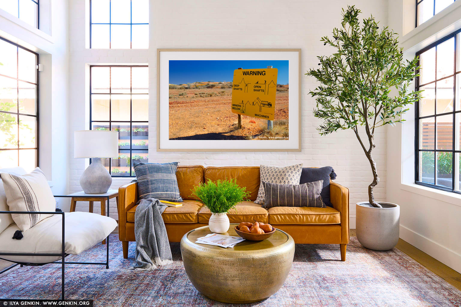 Warning Sign at White Cliffs Opal Mines wall art in a contemporary living room interior