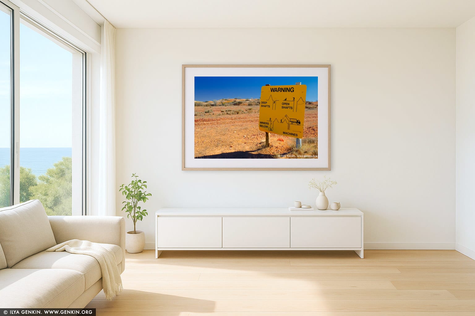 Warning Sign at White Cliffs Opal Mines wall art in a contemporary living room interior