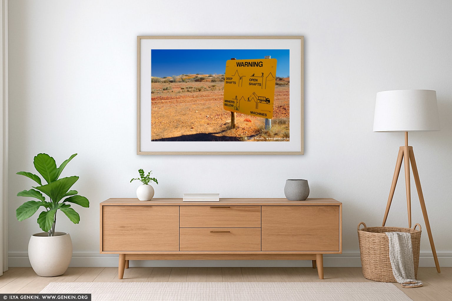 Warning Sign at White Cliffs Opal Mines wall art in a minimalist living room interior