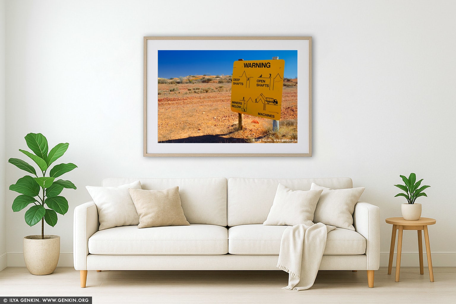 Warning Sign at White Cliffs Opal Mines wall art in a modern living room interior