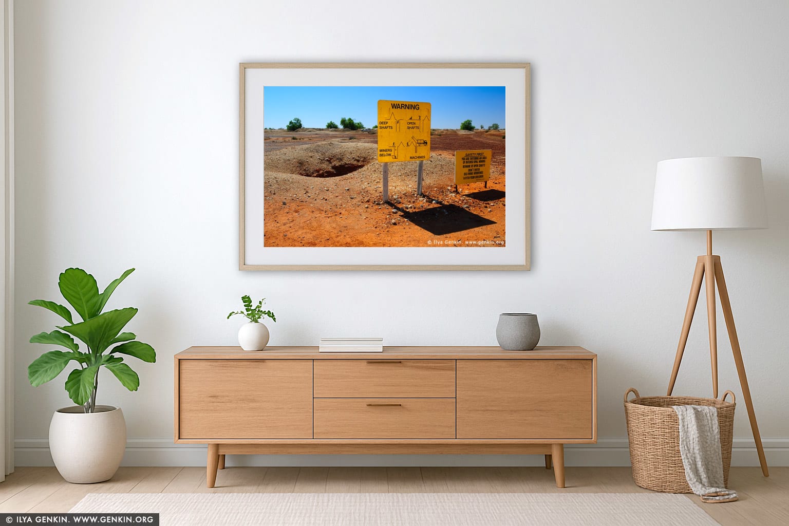 Warning Sign at White Cliffs Opal Mines wall art in a modern living room interior
