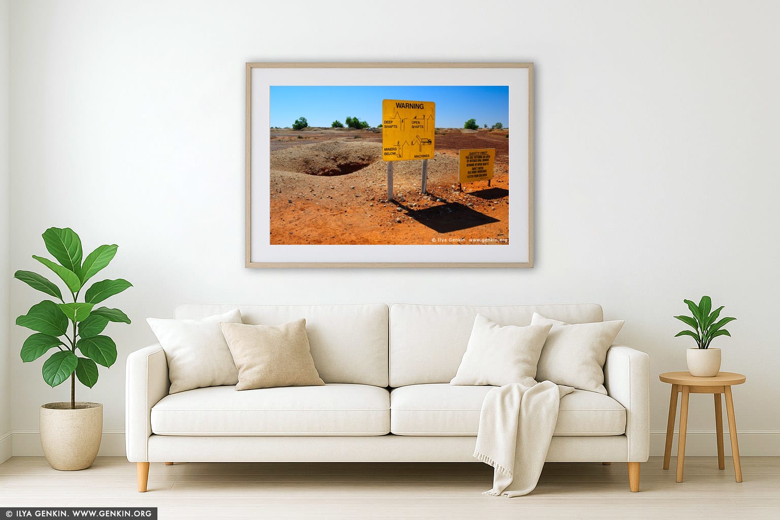 Warning Sign at White Cliffs Opal Mines wall art in a minimalist living room interior