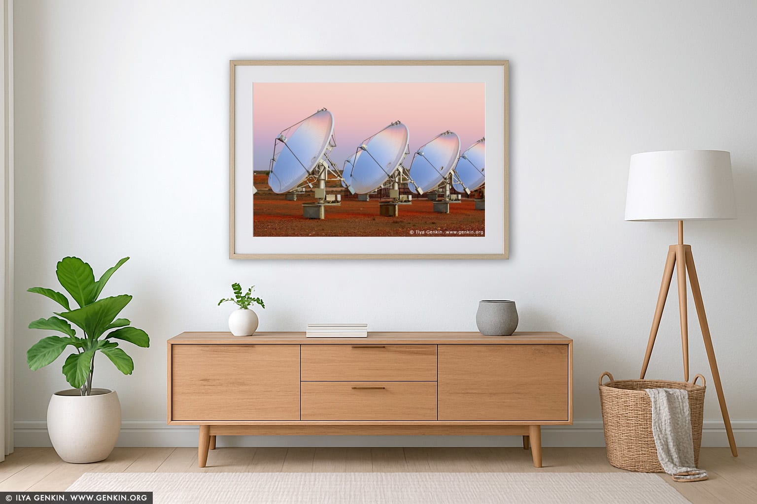 White Cliffs Solar Power Station at Dawn wall art in a minimalist living room interior