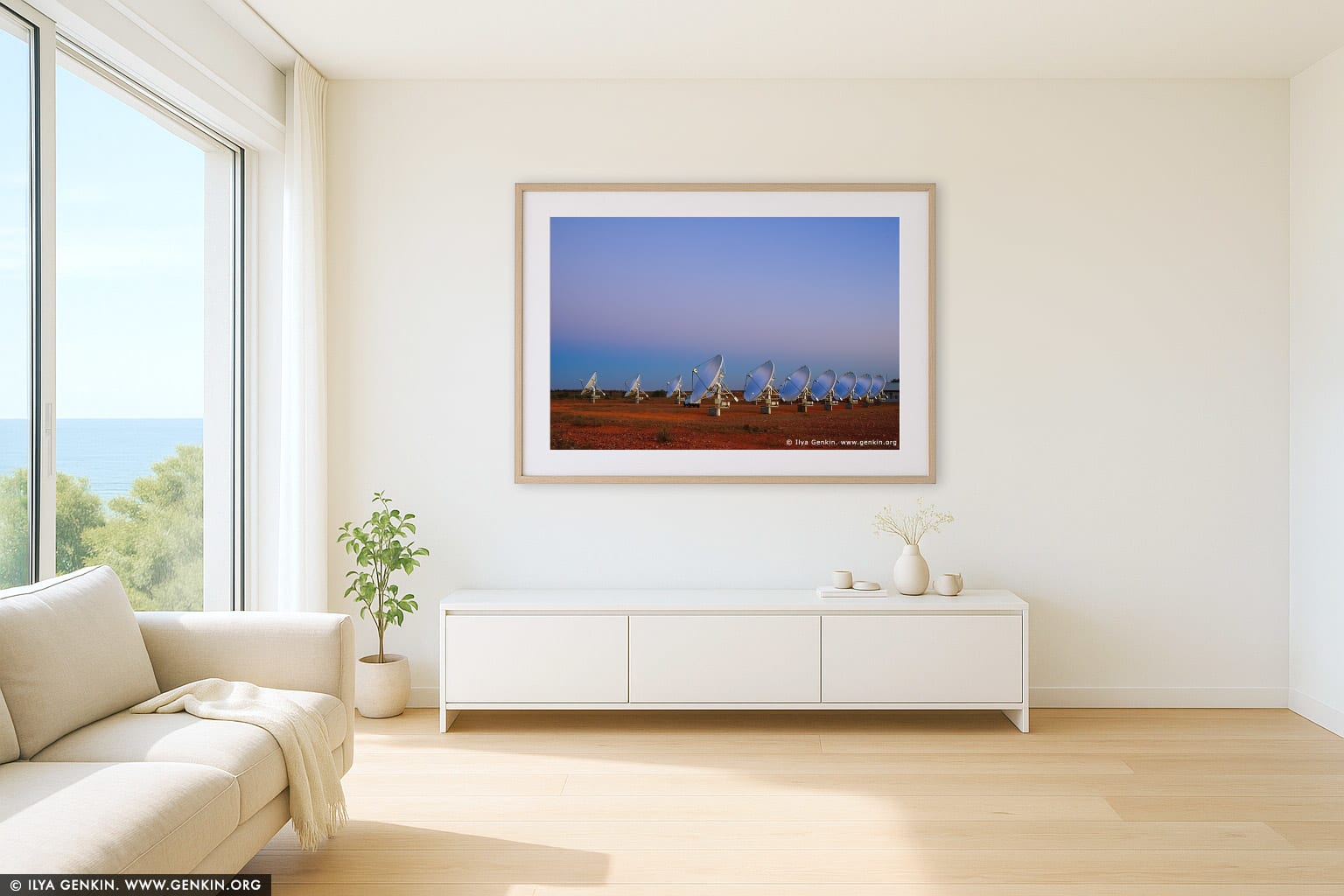 White Cliffs Solar Power Station at Twilight wall art in a minimalist living room interior