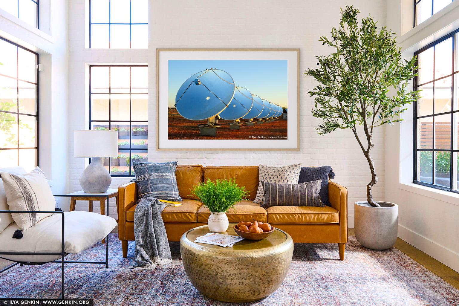 White Cliffs Solar Power Station at Sunrise wall art in a modern living room interior