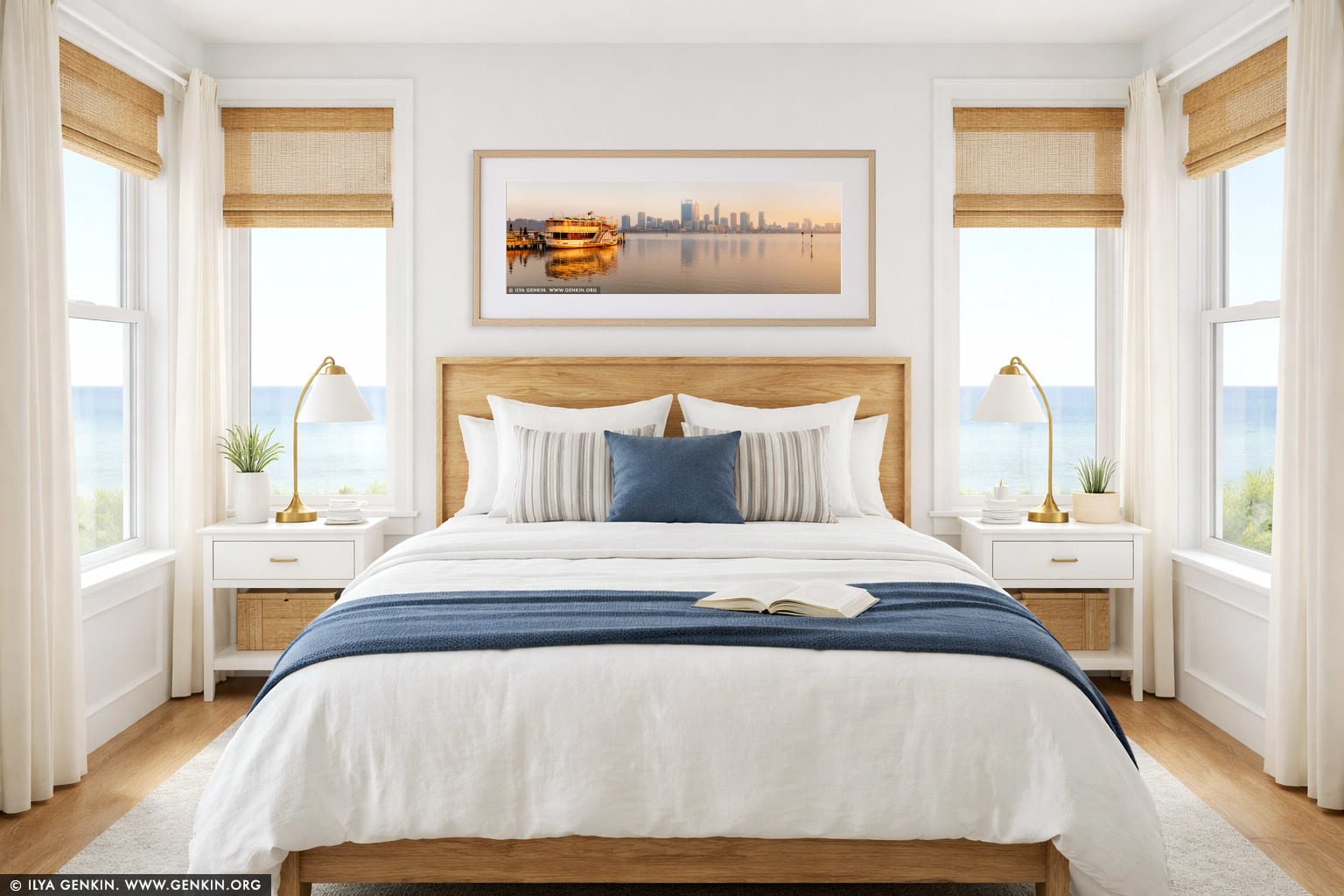 Paddle Steamer P.S. Decoy with Perth Skyline wall art in a bedroom interior