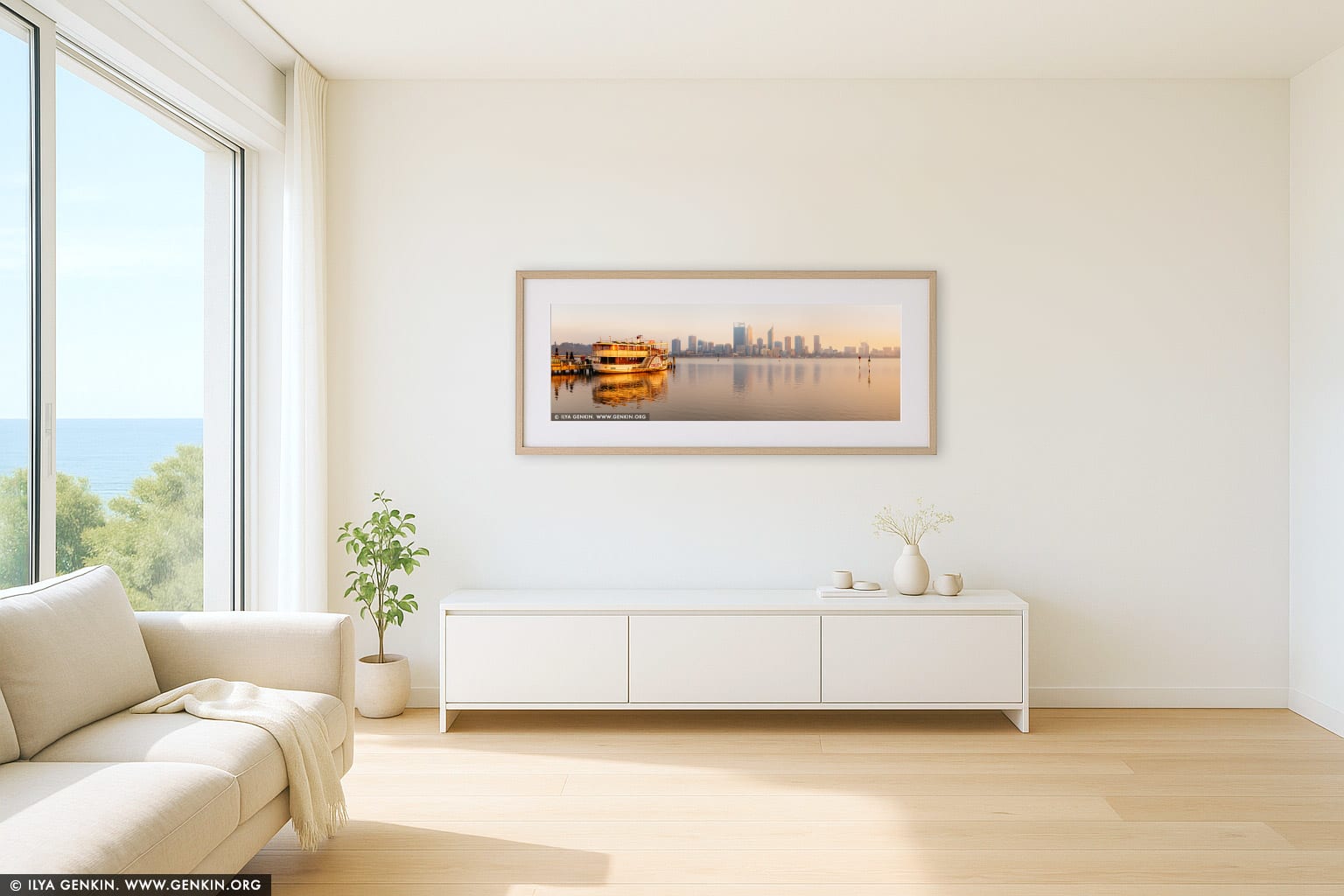 Paddle Steamer P.S. Decoy with Perth Skyline wall art in a minimalist living room interior